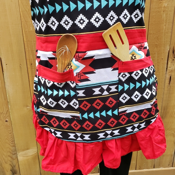 Red Aztec Print Kitchen Handmade Apron with Ruffles - Picture 5 of 6